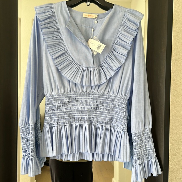 Smocked cotton top, sky blue size 12 by Tory Burch - Picture 2 of 3
